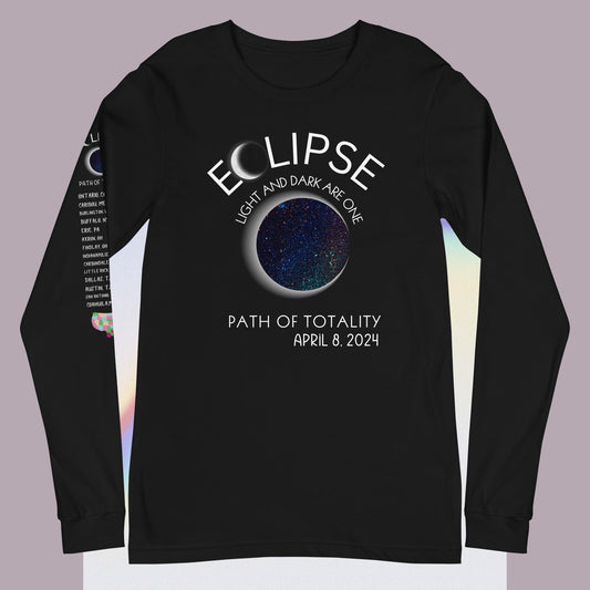 Path of Totality Unisex Long Sleeve Tee Front & Sleeve Print, April 8, 2024
